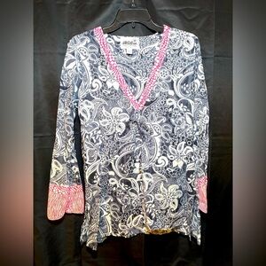 Hiho Woman’s Long Sleeve Drawstring Floral Print Blouse Blue Size Small V Neck